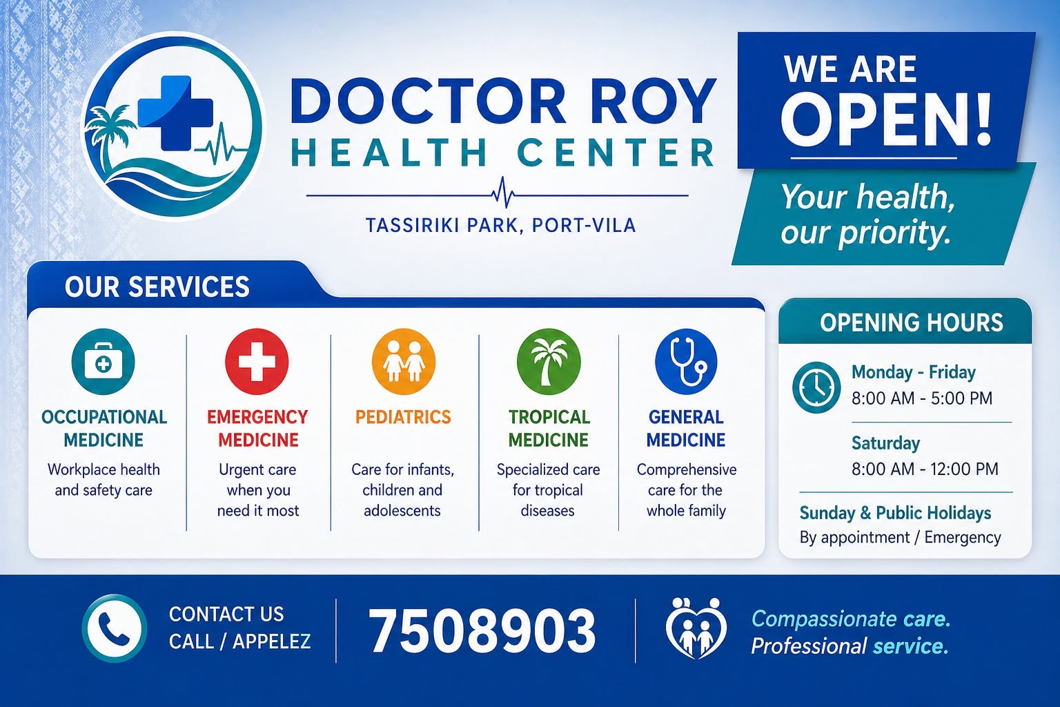 Dr Roy Health Center services and opening hours poster